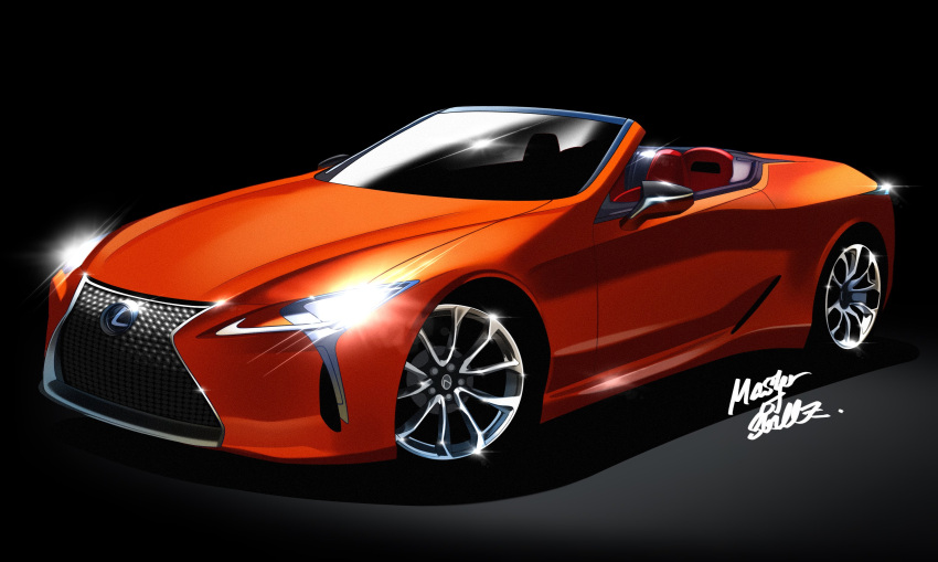 artist_name black_background car convertible from_side ground_vehicle headlight highres lexus lexus_lc motor_vehicle no_humans original sh1m4o shiny sports_car vehicle_focus