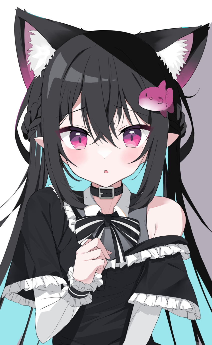 1girl animal_ear_fluff animal_ears bangs bare_shoulders black_shirt blue_hair braid commentary_request fish_hair_ornament fox_ears frilled_shirt frilled_sleeves frills grey_background hair_between_eyes hair_ornament hand_up highres layered_sleeves long_hair long_sleeves looking_at_viewer multicolored_hair odeclea off_shoulder original parted_lips pointy_ears purple_eyes shirt short_over_long_sleeves short_sleeves solo two-tone_background two-tone_hair upper_body very_long_hair white_background