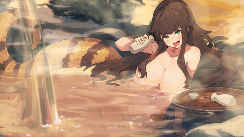 1girl alcohol bottle breasts brown_hair commentary commentary_request cup drink forked_tongue green_eyes holding holding_bottle lamia lansane large_breasts long_hair looking_at_viewer monster_girl onsen open_mouth original outdoors partially_submerged sake sake_bottle scales sexually_suggestive solo tongue water