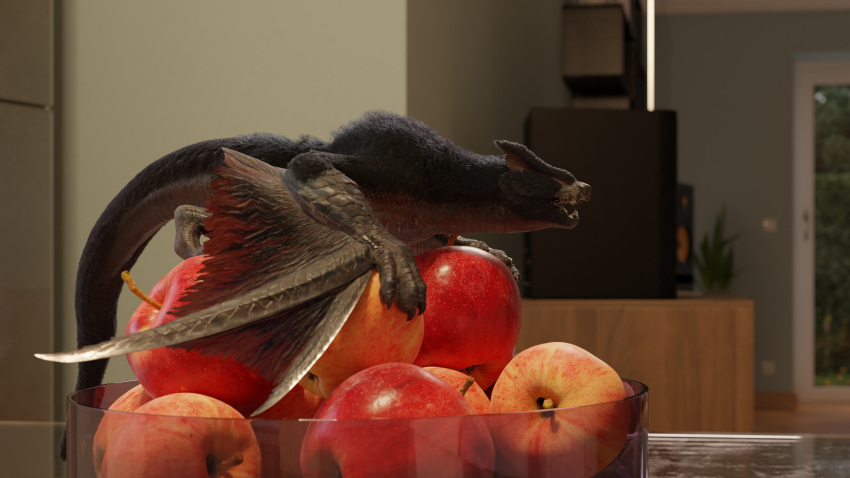 3d_(artwork) absurd_res ambiguous_gender apple beak blender_(software) bowl capcom claws container digital_media_(artwork) dragon ears_back fanged_wyvern feral flying_wyvern food fur furniture glass glass_container glass_table haferkraft hi_res inside livingroom micro monster_hunter nargacuga open_mouth pivoted_ears scales solo table teeth video_games wings wyvern