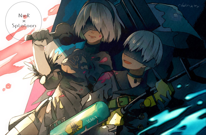 1boy 1girl artist_name black_blindfold black_dress black_jacket black_thighhighs blindfold bob_cut breasts cleavage cleavage_cutout clothing_cutout crossover dress grey_hair hair_between_eyes hair_over_one_eye highres holding holding_weapon jacket medium_breasts mole mole_under_mouth nier_(series) nier_automata open_mouth ouka_(stan) over_shoulder paint_on_body paint_on_clothes pendant_choker short_hair side_slit smile splatoon_(series) thighhighs upper_body weapon weapon_over_shoulder yorha_no._2_type_b yorha_no._9_type_s