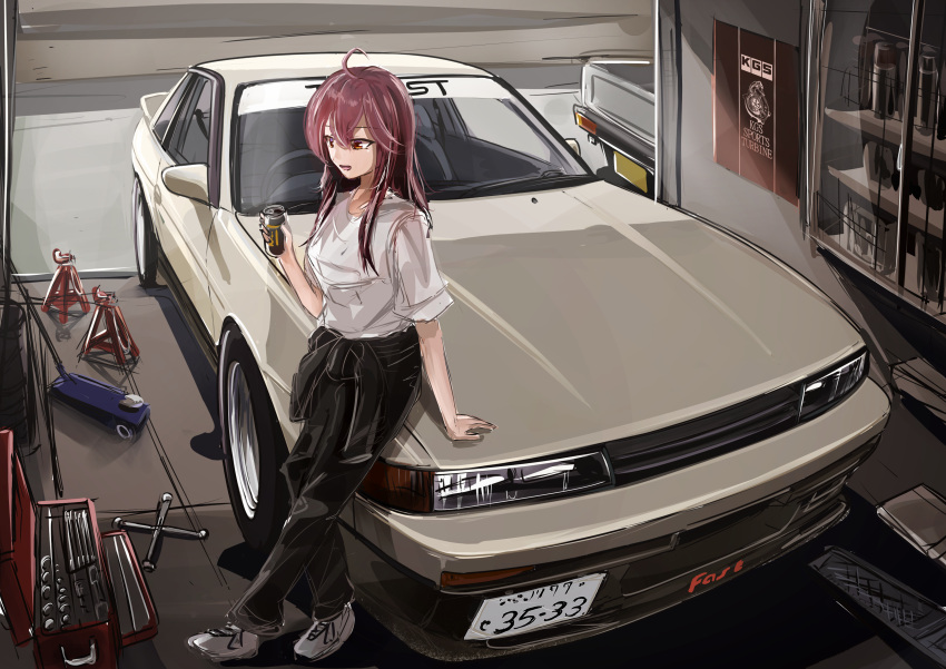 1girl 3books absurdres bangs black_pants bottle breasts brown_eyes can car cowlick garage grey_shirt ground_vehicle hair_between_eyes highres holding holding_can indoors long_hair medium_breasts motor_vehicle nissan_s13_silvia open_mouth original pants pickup_truck poster_(object) red_hair shirt shoes sketch smile sneakers solo toolbox truck vehicle_focus white_footwear