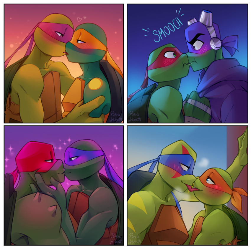 2022 absurd_res anthro blush brother brothers digital_media_(artwork) donatello_(tmnt) french_kissing green_body group hi_res incest_(lore) kiss_on_lips kissing leonardo_(tmnt) male male/male michelangelo_(tmnt) purplevelbeth raphael_(tmnt) reptile rise_of_the_teenage_mutant_ninja_turtles scalie shell sibling smooch_(sound_effect) teenage_mutant_ninja_turtles teenage_mutant_ninja_turtles_(2012) tongues_touching turtle