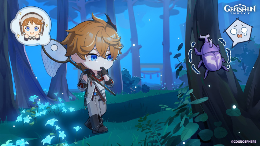 +_+ 1boy bangs beetle black_gloves blue_eyes blue_flower boots bug bush butterfly_net chibi english_commentary flower forest genshin_impact gloves glowing glowing_flower grass hair_between_eyes hand_net hat highres holding jacket jewelry logo male_focus mask nature night official_art orange_hair outdoors pants scarf sparkle tartaglia_(genshin_impact) teucer_(genshin_impact) tree trembling vision_(genshin_impact)