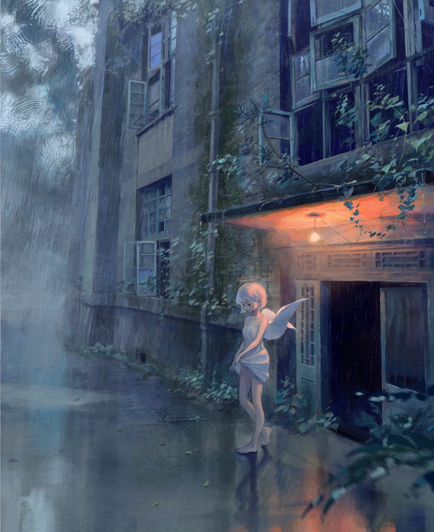 1girl absurdres angel angel_wings bangs bare_arms bare_legs bare_shoulders barefoot blue_eyes building bush collarbone colored_eyelashes commentary doorway dress feathered_wings full_body halo hidari_(nanmu-left) highres leaf light_bulb looking_down open_door original outdoors plant rain reflective_floor short_hair sleeveless sleeveless_dress solo standing vines wall white_dress white_hair white_wings window wings wringing_clothes yellow_halo
