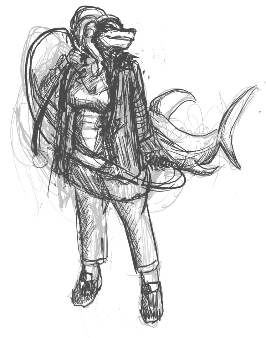 clothing cross-hatching female fish full-length_portrait furry hatching_(art) hi_res jacket marine portrait shaded shark sketch topwear whip