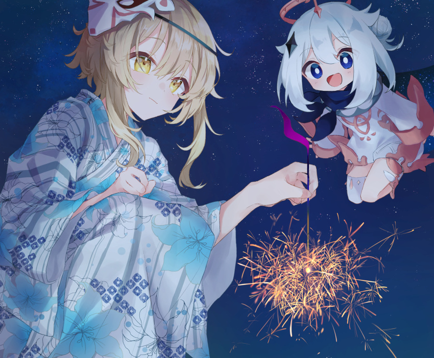 2girls asymmetrical_legwear bangs blonde_hair blue_eyes blue_kimono closed_mouth commentary_request dot_nose fireworks floating floral_print forehead full_body genshin_impact gintama_10102 hair_ornament halo highres holding japanese_clothes kimono legs_together long_bangs long_hair long_sleeves lumine_(genshin_impact) mask mask_on_head medium_hair multiple_girls night open_mouth outdoors paimon_(genshin_impact) parted_bangs senkou_hanabi sky sleeves_past_wrists sparkle sparkler squatting star_(sky) starry_sky vision_(genshin_impact) white_hair wide_sleeves yellow_eyes