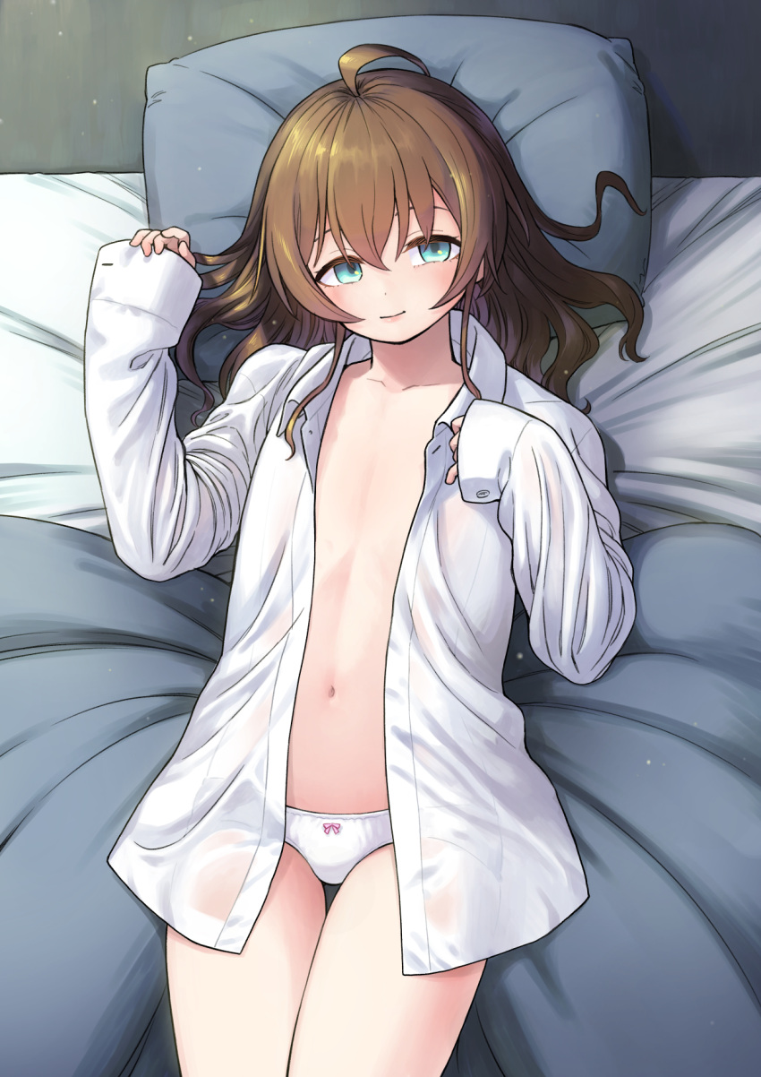 1girl ahoge aqua_eyes bed blanket brown_hair eyebrows_hidden_by_hair flat_chest hair_down highres hololive lying natsuiro_matsuri navel on_back open_clothes open_shirt panties pillow sabaku_chitai shirt sleeves_past_wrists smile solo underwear white_panties white_shirt