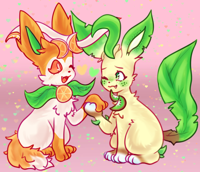 &lt;3 3_toes absurd_res blush blush_lines cute_fangs dipstick_tail duo eeveelution eye_contact feet feral food fruit fur generation_4_pokemon generation_6_pokemon green_blush green_ears green_eyes green_inner_ear green_tail hand_holding hi_res justiceposting key_(fellnyanya) kiwifruit leaf leafeon looking_at_another male markings misu_(fwuffydurg) nintendo one_eye_closed open_mouth orange_(fruit) orange_ears orange_eyes orange_paws orange_sclera plant pokemon pokemon_(species) romantic romantic_couple sitting sylveon tail_markings tan_body tan_fur toes video_games white_body white_fur white_inner_ear white_toes wink