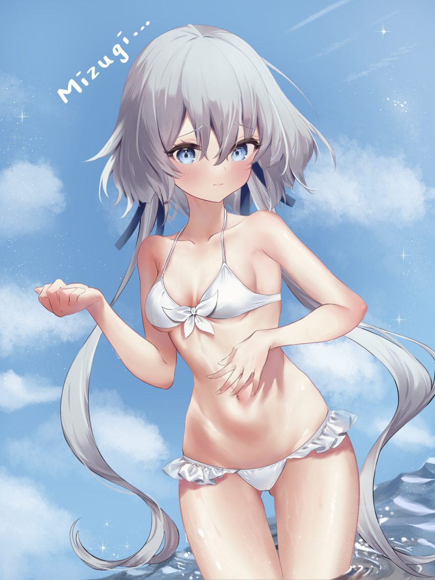 1girl absurdres bikini blue_eyes blue_sky cloud commentary_request day frilled_bikini frills front-tie_bikini_top front-tie_top highres kafun_nuigurumi konno_junko looking_at_viewer low_twintails outdoors romaji_text sky soaking_feet solo standing swimsuit twintails white_bikini white_hair zombie_land_saga