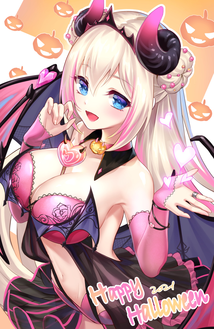 1girl absurdres bikini blonde_hair blue_eyes breasts character_request demon_girl demon_horns demon_wings hair_ornament halloween highres horns lalazyt long_hair midriff multicolored_hair navel pink_bikini pink_sleeves stomach swimsuit tokyo_necro tokyo_necro_suicide_mission wings