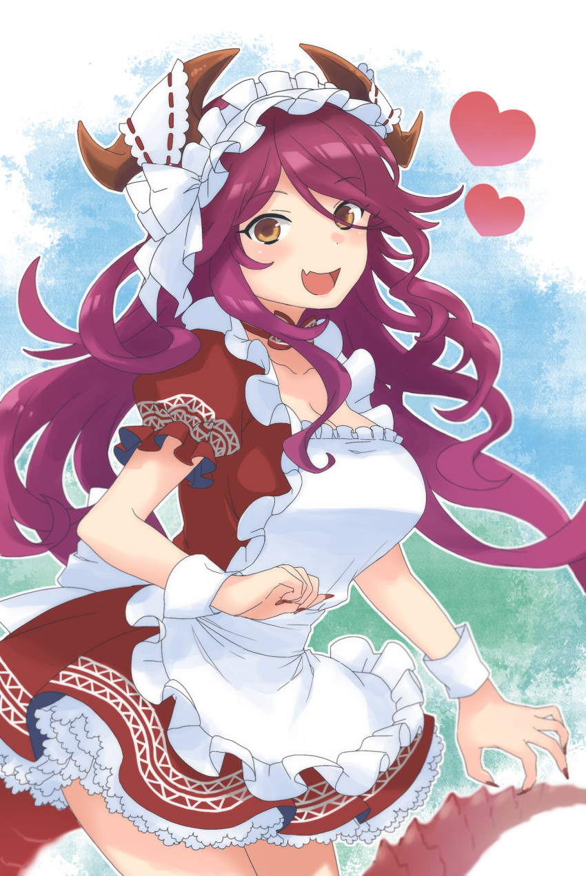 1girl apron bangs blush bonnet breasts cleavage dragalia_lost dragon dragon_girl dragon_horns dragon_tail dress ekra fang frilled_dress frills hair_between_eyes heart highres horns large_breasts long_hair looking_at_viewer mym_(dragalia_lost) open_mouth red_dress red_hair red_nails simple_background smile solo tail thighs white_apron wrist_cuffs yellow_eyes