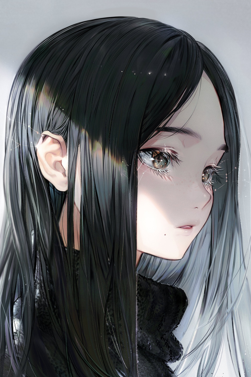 1girl absurdres bangs black_hair black_sweater forehead highres looking_afar mole mole_under_mouth nanase_miri original parted_bangs portrait solo straight_hair sweater