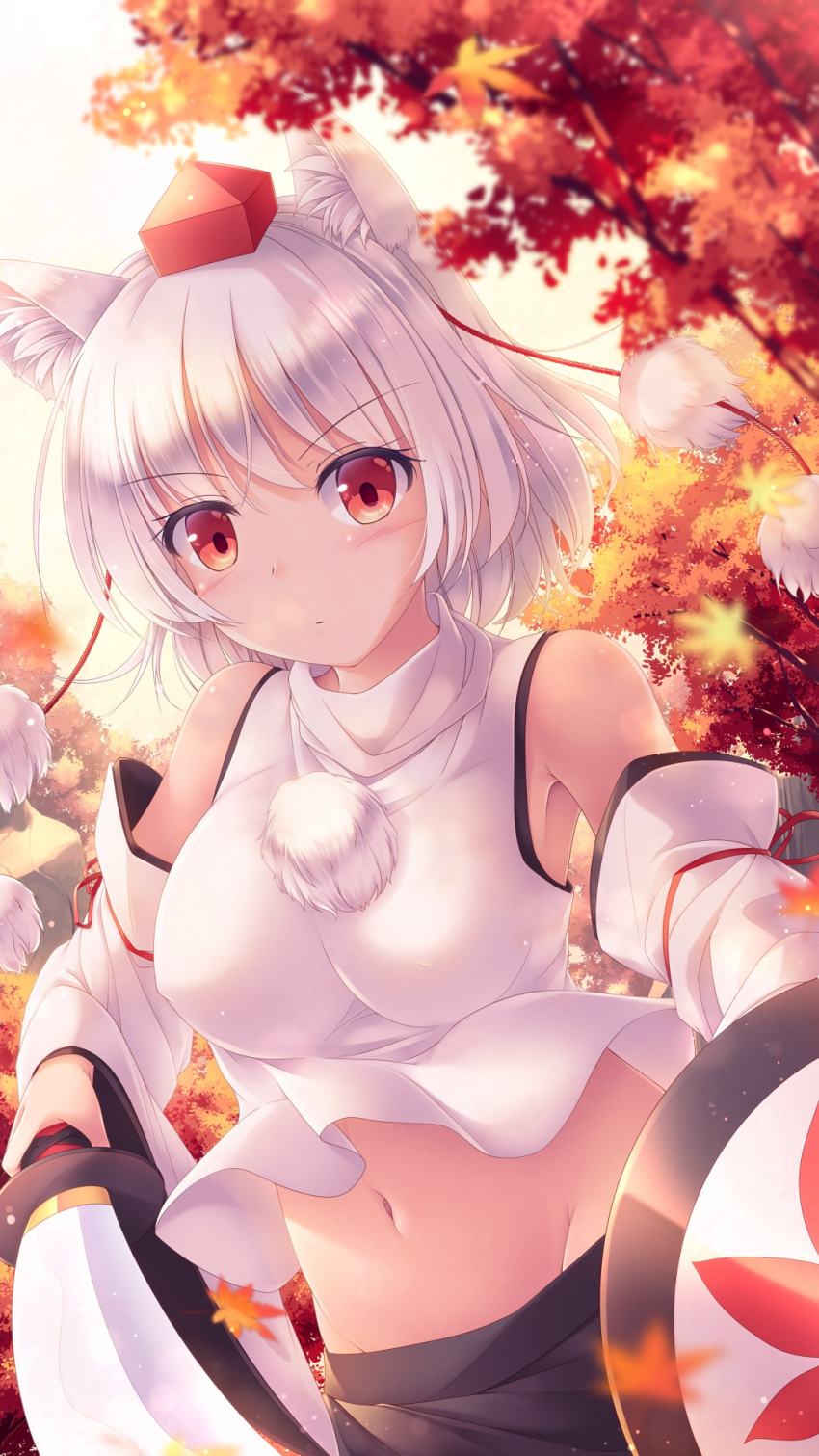 1girl animal_ears autumn autumn_leaves bare_shoulders black_skirt blush breasts closed_mouth detached_sleeves groin hat highres holding holding_shield holding_sword holding_weapon inubashiri_momiji large_breasts leaf lzh maple_leaf navel pom_pom_(clothes) red_eyes red_headwear shield short_hair skirt solo sword tokin_hat touhou weapon white_hair white_sleeves wide_sleeves wolf_ears