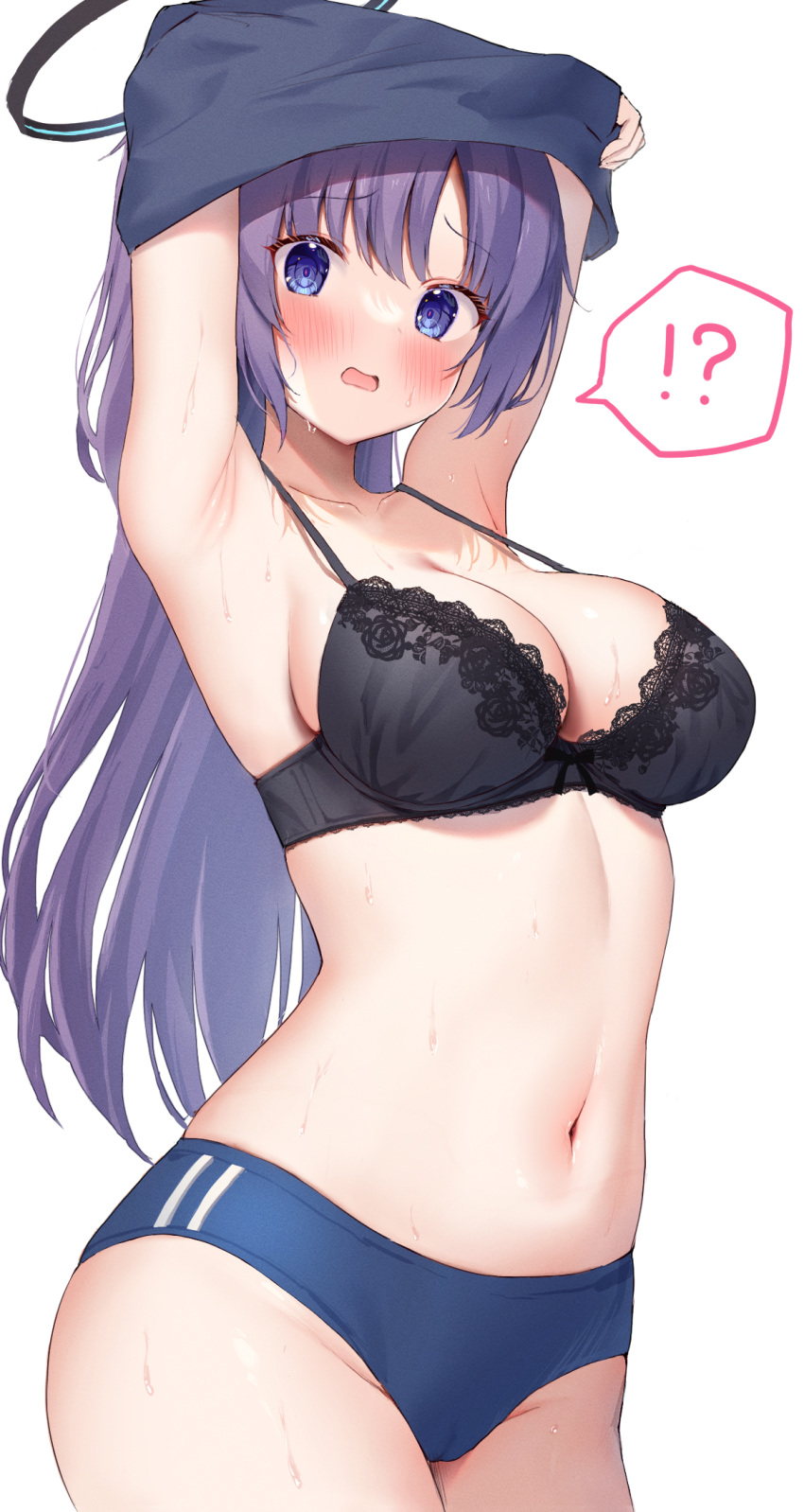 !? 1girl armpits arms_up black_bra blue_archive blue_buruma bra breasts buruma cameltoe cleavage clothes_lift cowboy_shot embarrassed gym_uniform halo hannari369 highres lace-trimmed_bra lace_trim long_hair navel official_alternate_costume purple_eyes purple_hair shirt_lift standing stomach strap_gap sweat two_side_up underwear undressing yuuka_(blue_archive) yuuka_(gym_uniform)_(blue_archive)