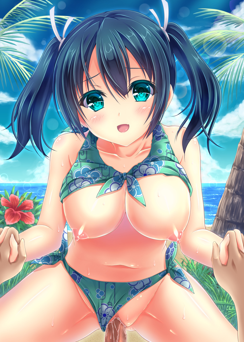 1boy 1girl absurdres bangs bare_arms bare_shoulders beach bikini bikini_bottom_aside blue_eyes blue_hair blush breasts censored clothing_aside cloud collarbone commentary_request day flower hair_between_eyes hair_ribbon hetero hibiscus highres holding_hands interlocked_fingers kantai_collection large_breasts looking_at_viewer mosaic_censoring navel nipples ocean open_mouth outdoors palm_tree penis pov ribbon sex sky solo_focus souryuu_(kancolle) spread_legs sweat swimsuit tree tsukumokazuki twintails vaginal water