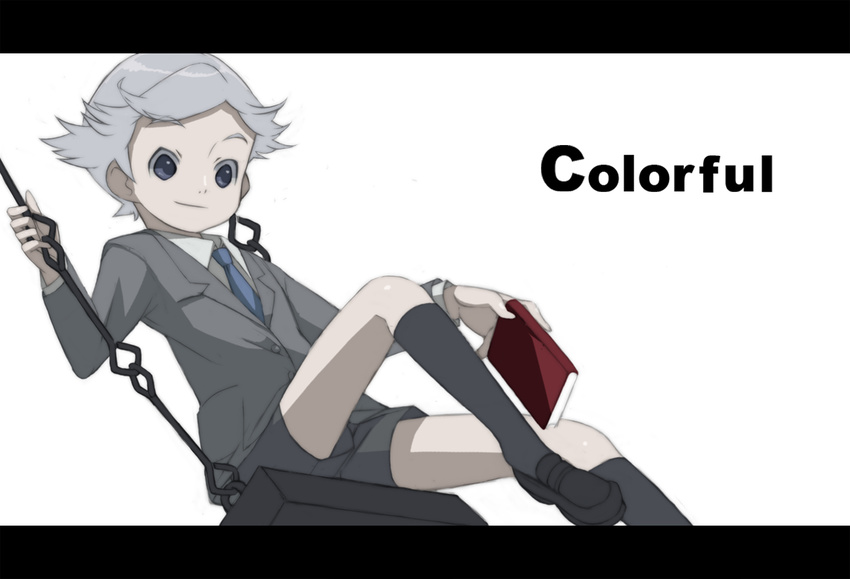 boy colorful_(movie) formal grey_hair male male_focus purapura solo suit swing white_background