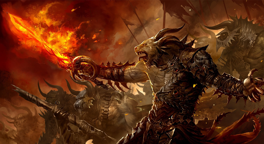 armor cannon charr charr_soldiers flag flame_sword guild_wars guild_wars_2 gun helmets highres horns sword weapon