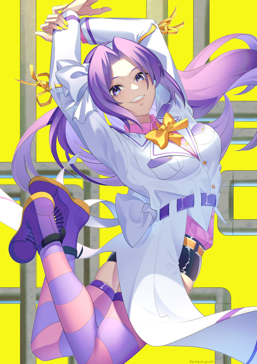 1girl absurdres arms_up asakura_rikako back_bow bangs black_shorts borrowed_design bow bowtie breasts buttons closed_labcoat coat collared_shirt colored_shoe_soles commentary_request forehead grin guumin hair_ribbon hairband highres labcoat leg_up lips long_hair long_sleeves medium_breasts parted_bangs pocket purple_belt purple_eyes purple_footwear purple_hair purple_shirt purple_thighhighs ribbon ribbon-trimmed_sleeves ribbon_trim shirt shorts smile solo striped striped_thighhighs thighhighs touhou touhou_(pc-98) two-tone_thighhighs upper_body very_long_hair waist_bow white_bow white_coat white_hairband white_ribbon yellow_background yellow_bow yellow_bowtie yellow_ribbon