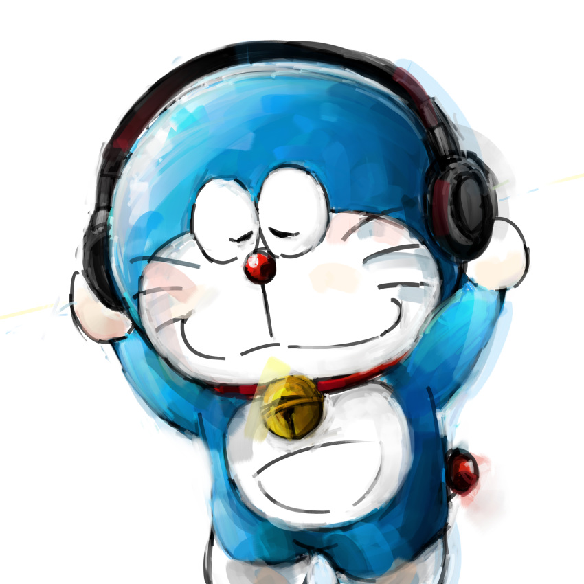 1:1 2018 absurd_res anthro bell blue_body blue_fur collar domestic_cat doraemon doraemon_(character) eyes_closed felid feline felis front_view fur headphones hi_res holding_headphones machine male mammal mouth_closed mt_tg pouch_(anatomy) raised_arms red_collar red_nose robot shaded simple_background solo standing whiskers white_background white_body white_fur