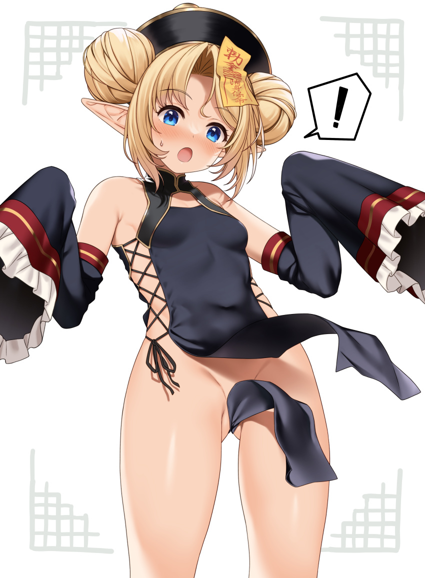 ! 1girl :o absurdres ass_visible_through_thighs bare_legs bare_shoulders black_dress blonde_hair blue_eyes breasts clothes_lift commentary_request covered_navel cross-laced_dress detached_sleeves double_bun dress dress_lift elf embarrassed enjo_kouhai frilled_sleeves frills from_below groin hair_bun halloween hat highres iris_(takunomi) jiangshi looking_at_viewer looking_down medium_hair no_panties ofuda open_mouth pointy_ears side-tie_dress skin_tight small_breasts solo spoken_exclamation_mark surprised takunomi very_long_sleeves wide_sleeves wind wind_lift