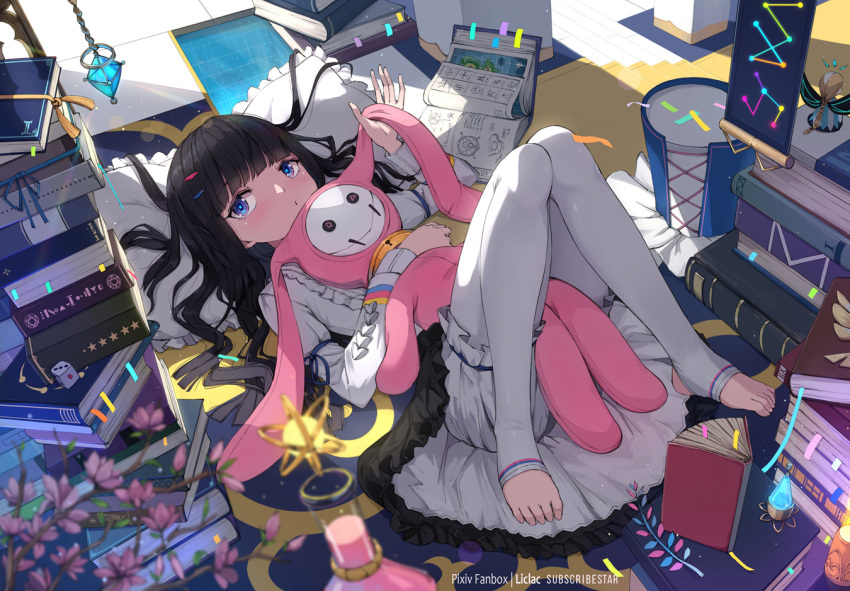 1girl bangs black_hair black_skirt bloomers blue_eyes book book_stack bookmark closed_mouth commentary_request dice frilled_pillow frilled_skirt frills hair_ornament hairclip knees_together_feet_apart knees_up liclac long_hair long_sleeves looking_at_viewer lying no_shoes object_hug on_back open_book original pantyhose pillow shirt skirt sleeves_past_wrists solo stuffed_animal stuffed_bunny stuffed_toy underwear very_long_hair white_bloomers white_pantyhose white_shirt