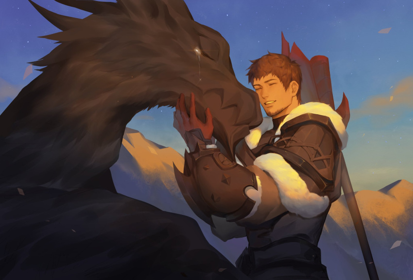 1boy ajianqaq amaro_(ff14) ardbert_(ff14) armor axe blue_sky brown_hair closed_eyes cloud facial_hair final_fantasy final_fantasy_xiv from_side fur-trimmed_armor fur_trim glint grin highres hyur male_focus outdoors pauldrons petting short_hair shoulder_armor sky smile standing stubble tears upper_body vambraces warrior_(final_fantasy) weapon weapon_on_back