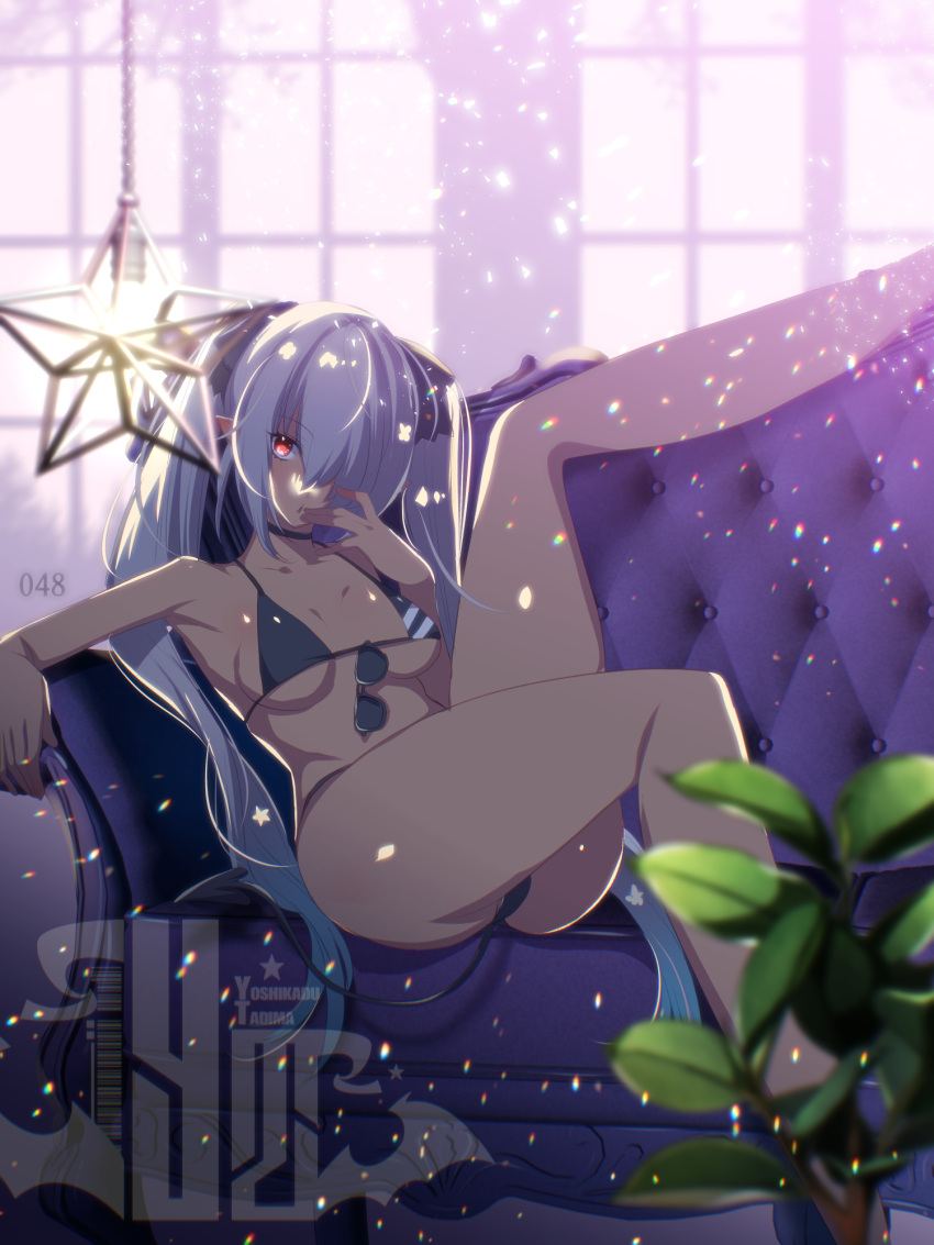 1girl bangs bare_arms bare_legs bare_shoulders bikini blue_archive breasts come_hither couch eyebrows_hidden_by_hair grey_hair hair_over_one_eye highres indoors iori_(blue_archive) lamp leg_up long_bangs long_hair looking_at_viewer lying plant red_eyes solo sunglasses swimsuit tajima_yoshikazu twintails window