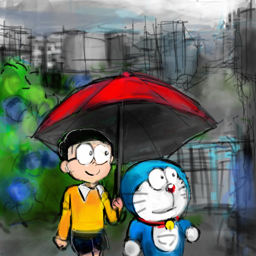 1:1 2018 absurd_res anthro bell black_hair blue_body blue_fur bottomwear building city clothed clothing collar domestic_cat doraemon doraemon_(character) duo english_text eyewear felid feline felis front_view fur glasses hair hi_res holding_object holding_umbrella human machine male mammal mouth_closed mt_tg nobita_nobi plant pouch_(anatomy) red_collar red_nose robot shaded shirt shorts shrub sky skyscraper smile standing text topwear umbrella whiskers white_body white_fur