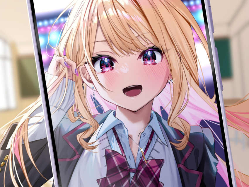 1girl adjusting_hair bangs blazer blonde_hair bow bowtie cardigan chalkboard chigusa_minori classroom collared_shirt earrings fingernails grey_jacket gyaru hand_in_own_hair indoors jacket jewelry long_hair long_sleeves looking_at_viewer multicolored_eyes nail_polish necklace official_art open_collar open_mouth original picture_frame pink_eyes purple_bow purple_bowtie purple_eyes purple_nails purple_trim school_uniform shiny shiny_hair shirt sleeves_past_wrists solo sparkle striped striped_bow striped_bowtie thick_eyelashes white_cardigan white_shirt
