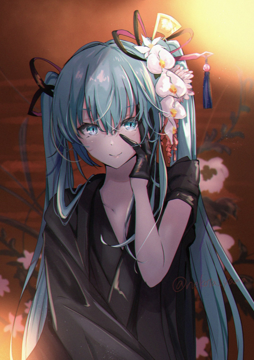 1girl bangs black_gloves black_kimono black_ribbon blue_eyes blue_hair blurry blurry_background closed_mouth commentary flower gloves hair_between_eyes hair_flower hair_ornament hair_ribbon hair_stick half_gloves hand_on_own_cheek hand_on_own_face haori hatsune_miku highres japanese_clothes kasha_(module) kimono long_hair looking_at_viewer nekota_yama orchid project_diva_(series) ribbon shiny shiny_hair smile solo twintails very_long_hair vocaloid white_flower yubikiri_(vocaloid)