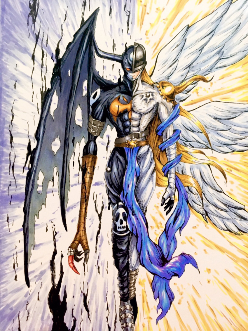 1boy abs angel angel_and_devil angel_wings angemon bandaged_arm bandages bangs belt black_skin black_wings brown_belt collarbone colored_skin demon_boy demon_wings devimon digimon digimon_(creature) facing_viewer feathered_wings fusion helmet highres horns male_focus multicolored_background sawa_d shiny shiny_clothes single_horn solo torn_wings white_skin wings