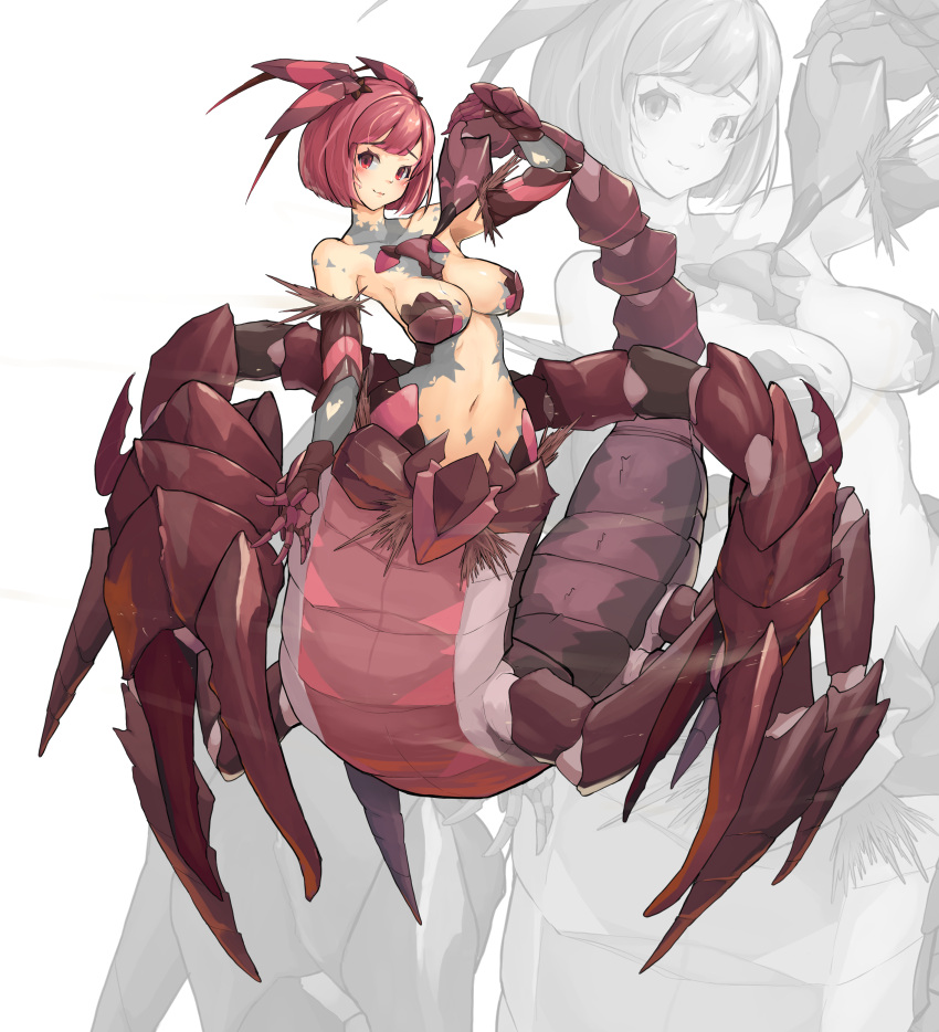 1girl absurdres arachnid arm_up arthropod_girl bangs bare_shoulders breasts carapace cleavage closed_mouth collarbone colored_skin commentary_request full_body grey_skin highres horns looking_at_viewer medium_breasts monster_girl multiple_legs navel original pincers red_eyes red_hair scales scorpion_girl shitoi_(aqua1487) short_hair sidelocks smile standing stinger stomach sweat taur white_background