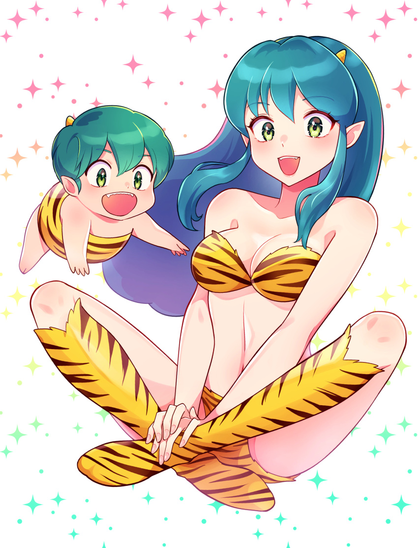 1girl 1other :d animal_print bangs blue_hair bra breasts cleavage collarbone full_body green_eyes green_hair hair_between_eyes hair_ornament hand_on_ankle highres junjonta kneehighs long_hair lum medium_breasts open_mouth panties print_bra print_legwear shiny shiny_hair short_hair smile socks strapless strapless_bra takahashi_rumiko_(style) tiger_panties tiger_print underwear underwear_only urusei_yatsura yellow_bra yellow_panties yellow_socks