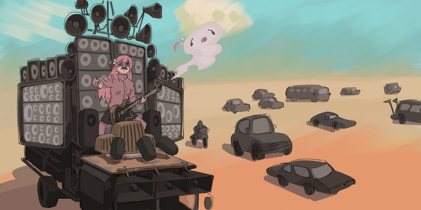 1girl black_skirt bocchi_the_rock! desert fugota6509 gotou_hitori ground_vehicle guitar highres hood hoodie instrument mad_max mad_max:_fury_road motor_vehicle pink_hair pink_hoodie sand skirt solo speaker the_doof_wagon the_doof_warrior truck