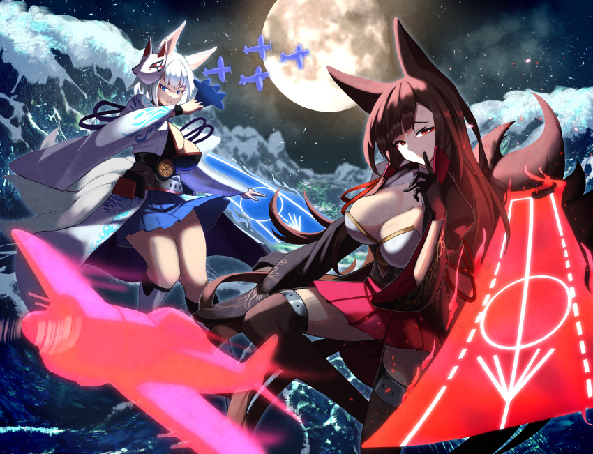 2girls absurdres aircraft akagi_(azur_lane) animal_ears azur_lane black_kimono blue_eyes blue_skirt breasts brown_gloves brown_hair brown_tail brown_thighhighs cleavage eyeliner flight_deck fox_ears fox_girl fox_mask fox_tail full_moon gloves highres japanese_clothes kaga_(azur_lane) kimono kitsune kyuubi large_breasts large_tail looking_at_viewer magic makeup mask metal_belt miniskirt moon multiple_girls multiple_tails night night_sky pleated_skirt red_eyeliner red_eyes red_skirt rigging sakuramon siorudo_origin skirt sky tail thighhighs water waves white_hair white_kimono white_tail