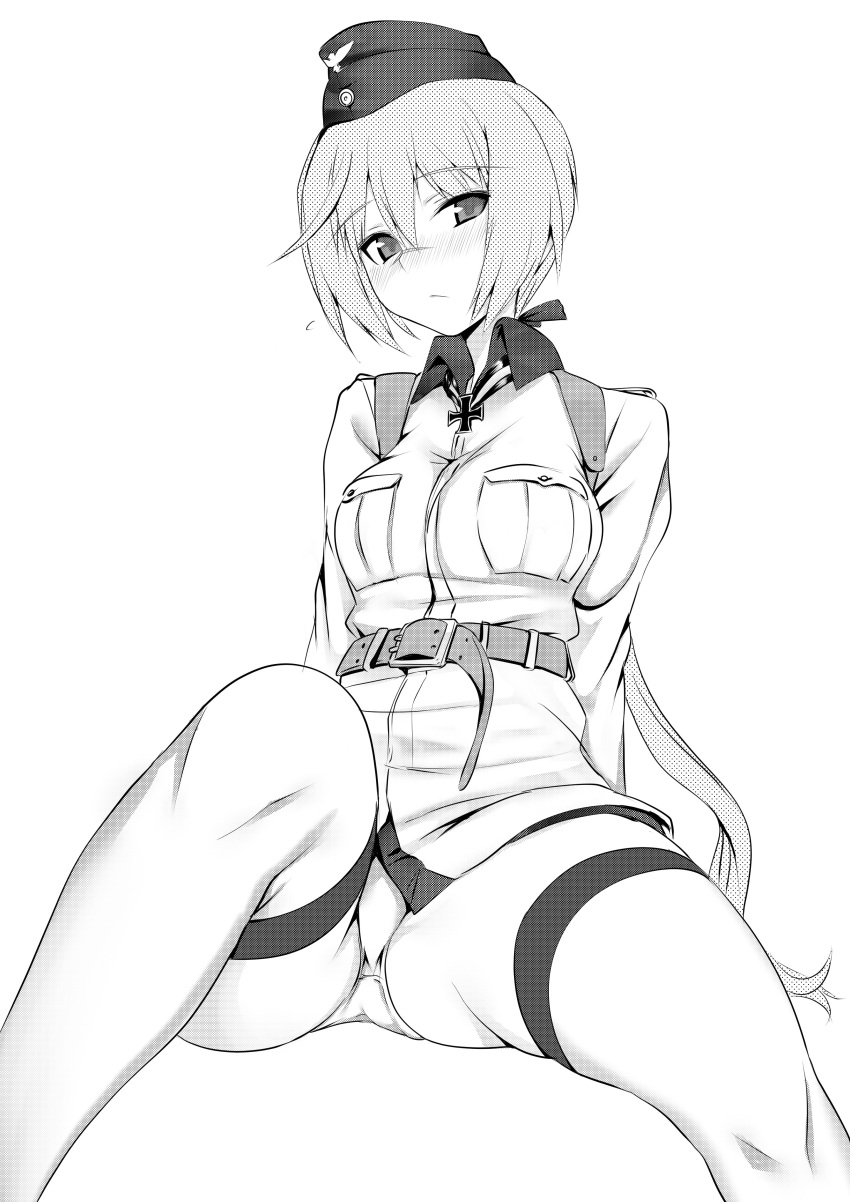 1girl a9b_(louis814) absurdres blush breasts closed_mouth greyscale hanna_rudel hat highres large_breasts looking_at_viewer military military_hat military_uniform monochrome panties scar scar_on_face short_hair simple_background solo thighhighs underwear uniform world_witches_series