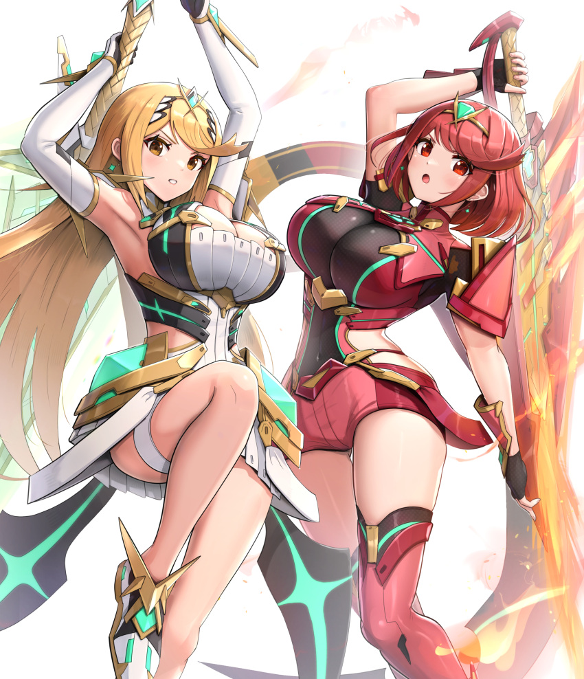 2girls absurdres armor armpits bangs black_gloves blonde_hair breasts chest_jewel circlet cleavage covered_navel elbow_gloves fingerless_gloves gloves gonzarez highres hip_vent holding holding_sword holding_weapon huge_weapon knee_up large_breasts long_hair looking_at_viewer multiple_girls mythra_(xenoblade) navel open_mouth pyra_(xenoblade) raised red_eyes red_hair short_hair sword teeth thigh_strap thighs v-shaped_eyebrows very_long_hair weapon white_gloves xenoblade_chronicles_(series) xenoblade_chronicles_2 yellow_eyes