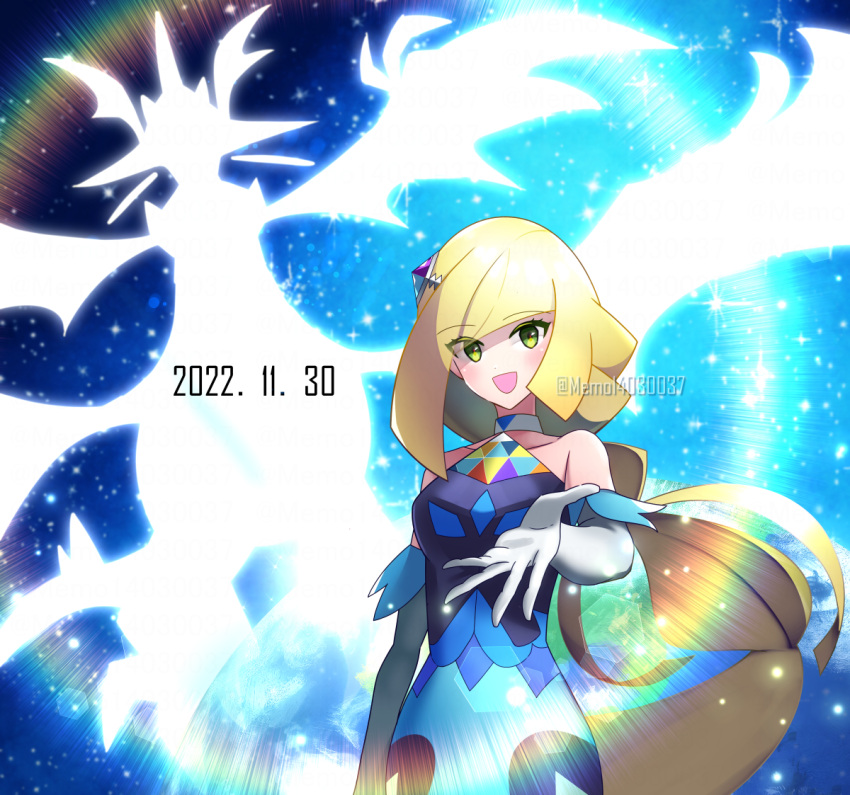 1girl :d alternate_color bangs bare_shoulders blonde_hair blue_dress blunt_bangs commentary_request dated dress elbow_gloves eyelashes gloves green_eyes grey_gloves long_hair looking_at_viewer lusamine_(pokemon) lusamine_(sygna_suit)_(pokemon) memo14030037 necrozma necrozma_(ultra) official_alternate_costume open_mouth pokemon pokemon_(creature) pokemon_(game) pokemon_masters_ex smile watermark