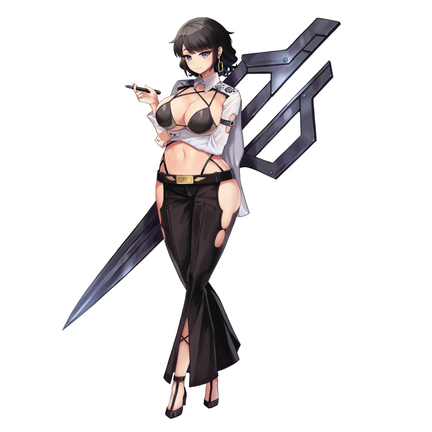 1girl bikini bikini_top_only black_hair blue_eyes breasts crossed_legs highres last_origin looking_at_viewer navel official_art rabon scissor_blade short_hair smile swimsuit taylor_clothcut transparent_background