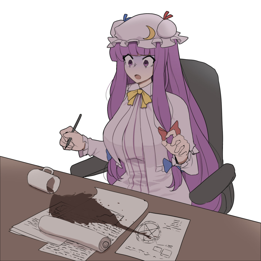 1girl :o bangs blue_bow blunt_bangs bow bowtie bun_cover chair coffee coffee_mug crescent crescent_hat_ornament cup double_bun dress hair_bow hair_bun hat hat_bow hat_ornament highres long_hair long_sleeves mata_(matasoup) mob_cap mug neck_ribbon patchouli_knowledge purple_dress purple_eyes purple_hair purple_headwear red_bow red_bowtie red_ribbon ribbon robe shaded_face simple_background sitting solo spill striped striped_dress touhou vertical-striped_dress vertical_stripes very_long_hair white_background wide_sleeves