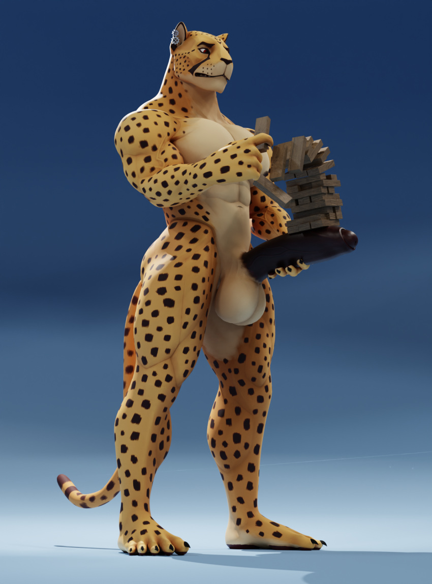 3d_(artwork) anthro balls big_balls big_penis cheetah countershading digital_media_(artwork) erection euphrates f-euphrates felid feline fur genitals hi_res huge_balls huge_penis humanoid_genitalia humanoid_penis hybrid jenga leopard male mammal muscular muscular_anthro muscular_male nude pantherine pecs penis simple_background solo spots spotted_body spotted_fur thick_thighs