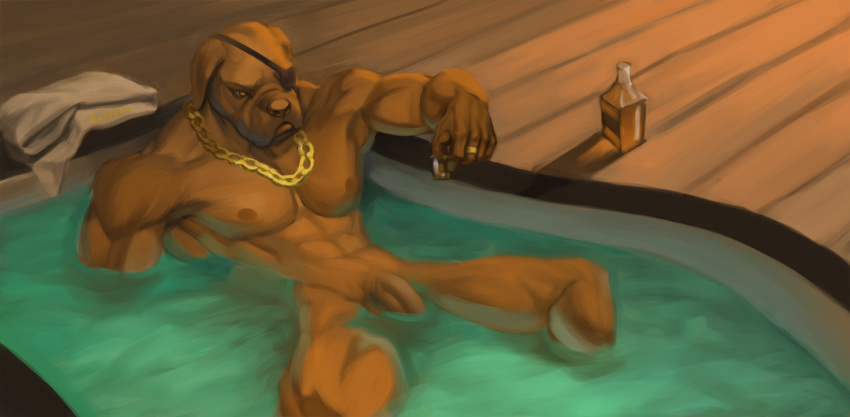 alcohol anthro bath bathhouse beverage canid canine canis chain_necklace container cup digital_media_(artwork) domestic_dog eye_patch eyewear flaccid floating genitals glass glass_container glass_cup hi_res jewelry male mammal muscular necklace nude penis ranidae_the_iii relaxing ring solo towel whiskey
