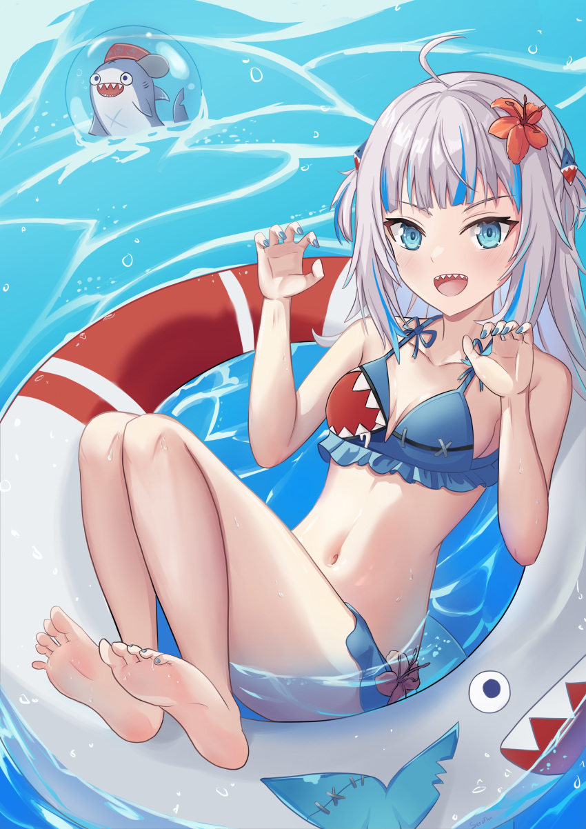 1girl absurdres bangs barefoot bikini bloop_(gawr_gura) blue_bikini blue_eyes blue_hair blunt_bangs blush breasts bubble collarbone english_commentary eyelashes feet flower frilled_bikini frills full_body gawr_gura grey_hair hair_flower hair_ornament highres hololive hololive_english innertube legs legs_together looking_at_viewer multicolored_hair nail_polish navel open_mouth paw_pose serafhin shadow shark_girl sharp_teeth shiny shiny_skin sidelocks small_breasts soles solo streaked_hair swimsuit teeth thighs toenail_polish toenails tongue two_side_up virtual_youtuber water wet