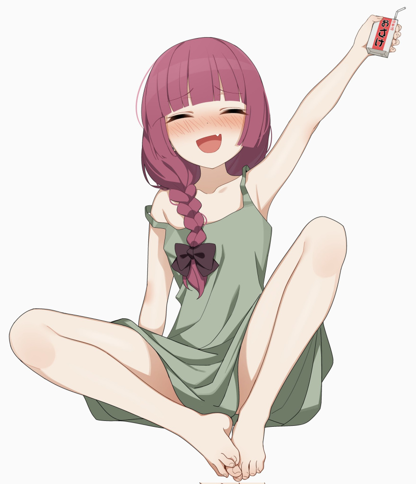 1girl arm_support arm_up armpits bangs barefoot between_toes blunt_bangs blush bocchi_the_rock! bow braid braided_ponytail breasts carton closed_eyes commentary dress drink drinking_straw fang feet full_body green_dress grey_background hair_bow hair_over_shoulder highres hiroi_kikuri holding knee_up knees_apart_feet_together leaning_back legs purple_hair shadow shiny shiny_hair short_dress sidelocks simple_background sitting skin_fang sleeveless sleeveless_dress solo strap_slip the_cold toenails toes translation_request