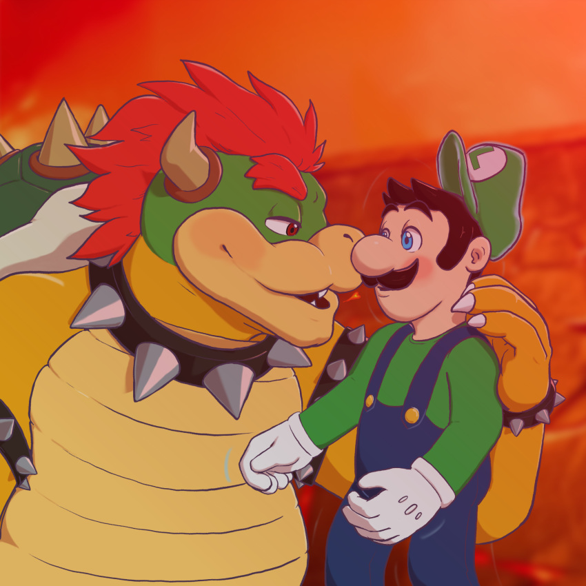 &lt;3 2022 anthro blush bowser breath_powers clothed clothing collar digital_media_(artwork) duo elemental_manipulation eye_contact facial_hair fire fire_breathing fire_manipulation hair hi_res holding_head horn human humanoid interspecies jamejarrs jewelry koopa looking_at_another luigi male male/male mammal mario_bros mustache nintendo scalie shell smile spikes the_super_mario_bros_movie video_games