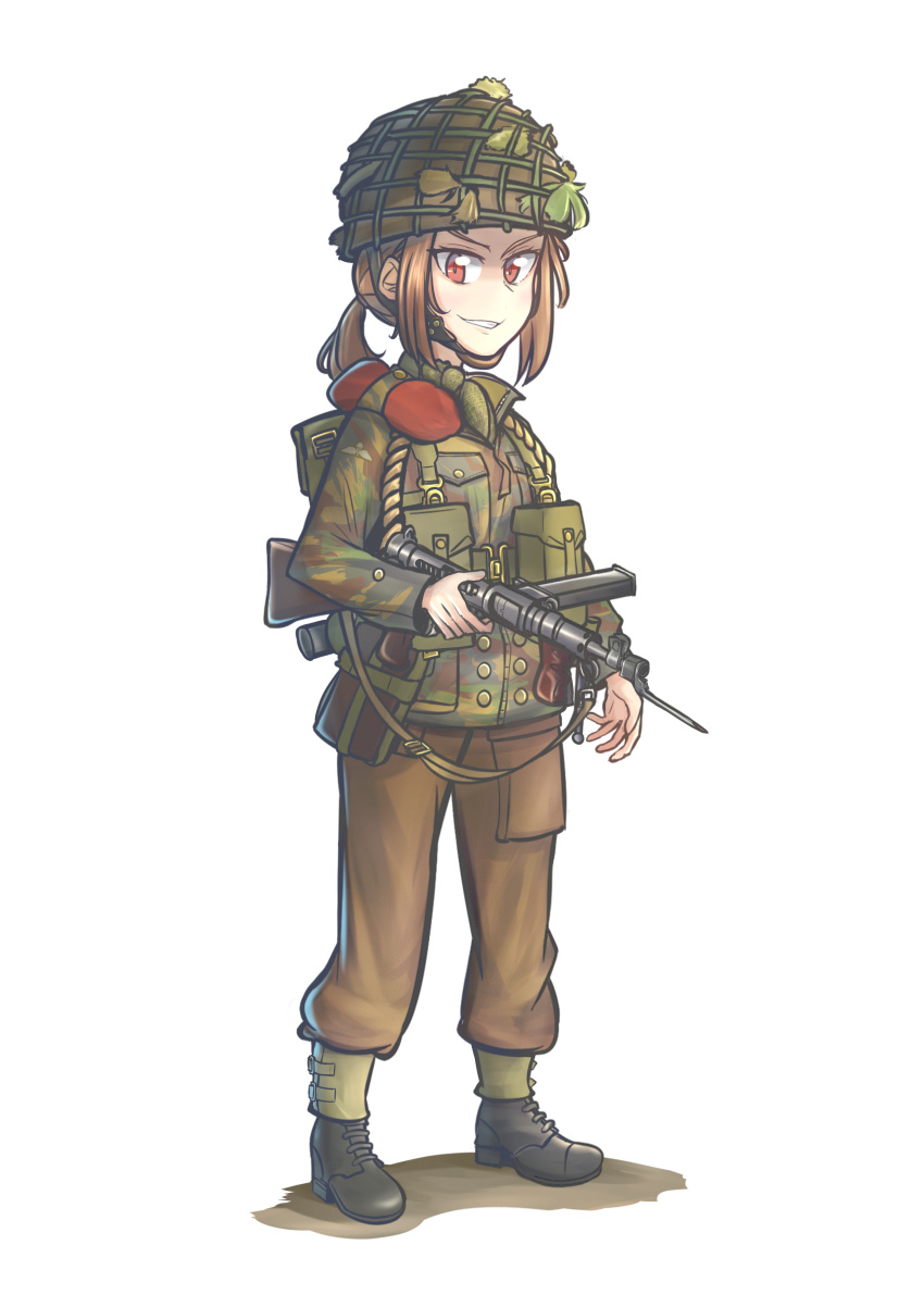 1girl absurdres bayonet beret black_footwear boots british british_army brown_hair camouflage camouflage_jacket gaiters hat helmet highres jacket load_bearing_equipment military military_helmet military_uniform original paratrooper ponytail standing sten_gun uniform warriordesu world_war_ii