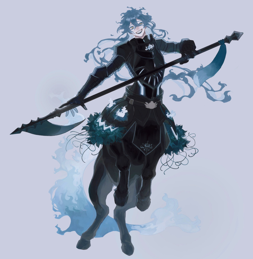 1boy armor black_armor blue_fire blue_hair blue_tail centaur dullahan fiery_hair fiery_tail fire full_body grey_background grin hands_up highres holding holding_scythe holding_weapon hooves horse_tail idia_shroud long_hair looking_at_viewer male_focus monster_boy monsterification scythe sharp_teeth simple_background smile solo standing tail taur teeth twisted_wonderland very_long_hair weapon whale_52hz_o yellow_eyes