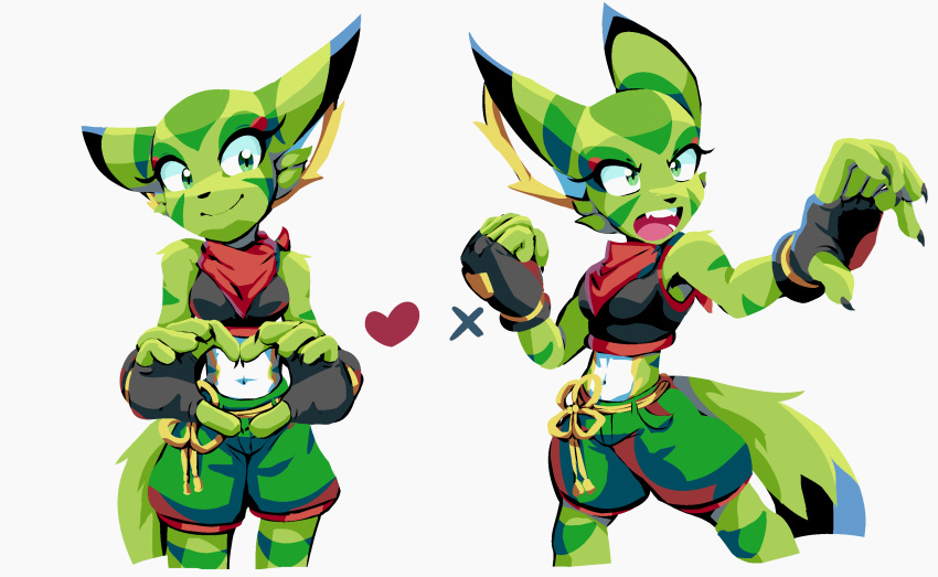 &lt;3 absurd_res angry bottomwear carol_tea clothing felid feline felis female fingerless_gloves freedom_planet fur gesture gloves goshaag green_body green_fur half-body hand_heart handwear hi_res mammal midriff multiple_poses neckerchief pose shorts smile solo video_games wildcat