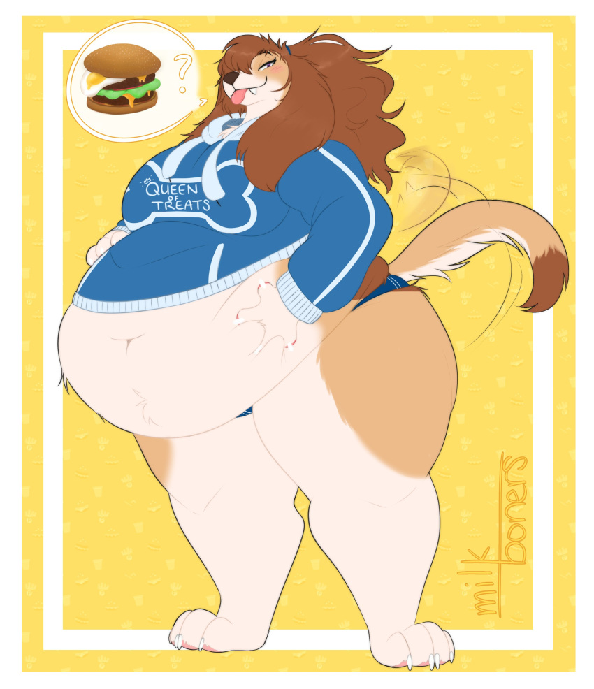 4_toes absurd_res anthro artist_name bedroom_eyes belly big_belly big_breasts blue_clothing blue_hoodie blue_topwear blush breasts brown_body brown_eyes brown_fur brown_hair burger canid canine canis claws clothing digital_media_(artwork) domestic_dog english_text feet female fingers food fur hair half-closed_eyes hand_on_stomach hi_res hoodie huge_breasts looking_at_viewer mammal midriff milkboners narrowed_eyes navel overweight overweight_female panties pawpads seductive shirt simple_background smile solo speech_bubble tan_body tan_fur text text_on_clothing text_on_hoodie text_on_shirt text_on_topwear thick_thighs toe_claws toes tongue tongue_out topwear underwear white_body white_fur